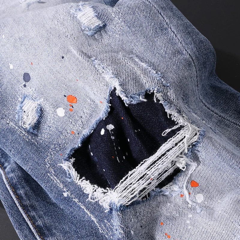 European Street Style Fashion Men Jeans Retro Blue Elastic Slim Fit Ripped Jeans Men Painted Designer Hip Hop Denim Punk Pants