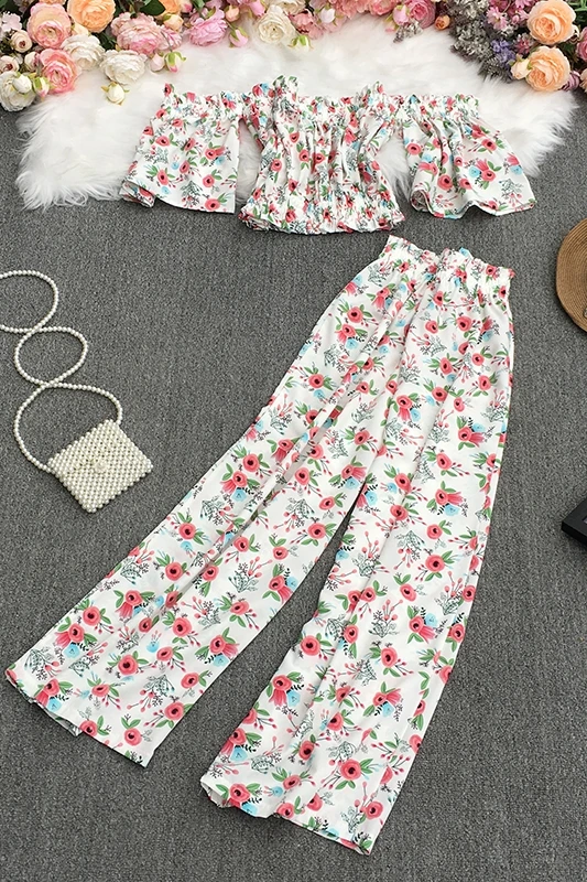 

2021 New Summer Temperament slash neck flared sleeve short Shirt Top + high waist Floral Casual wide leg Pants 2-piece set