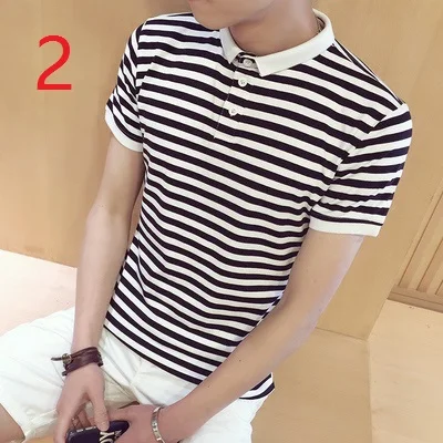 

Summer small collar men's collar red and white horizontal stripes short-sleeved T-shirt trend small lapel Korean