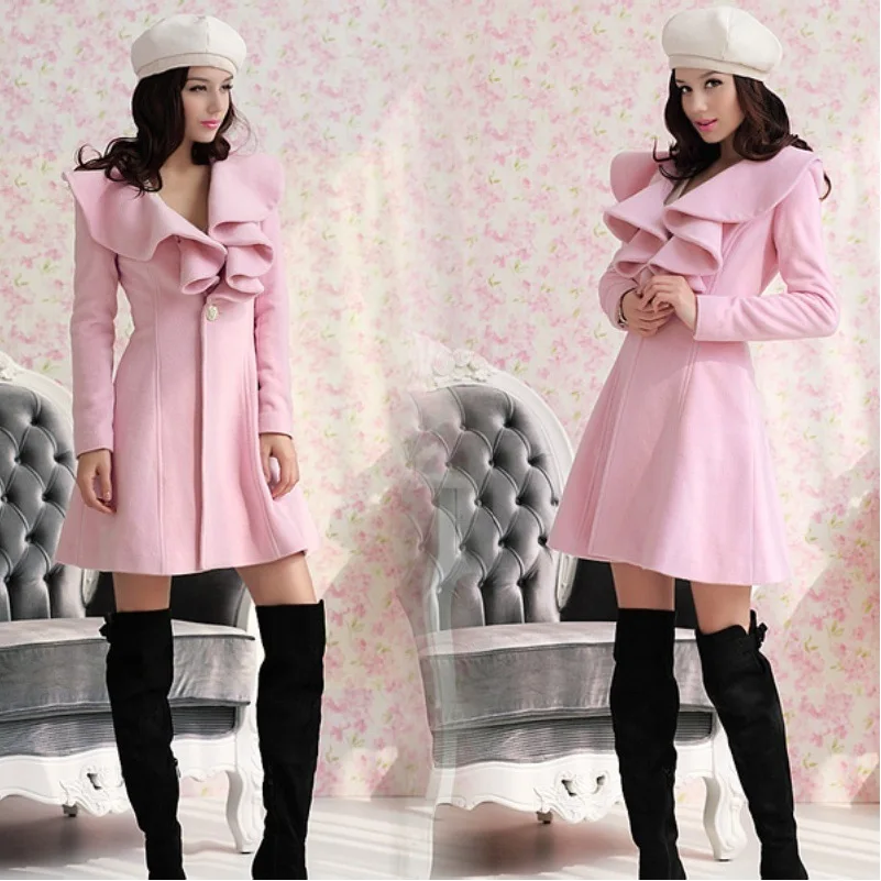 Зимнее шерстяное пальто с оборками на воротнике 2018 женское облегающее тонкое