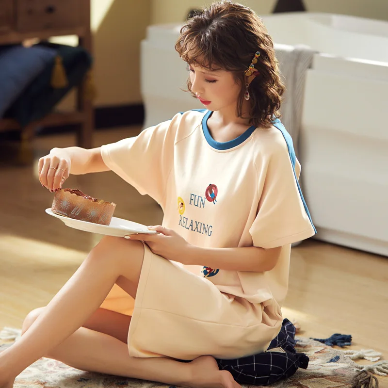

Nightgowns Women Short Sleeve Print Kneel-length Comfort Sleepwear Loose Casual Summer Korean Style Soft Mujer Breathable Daily