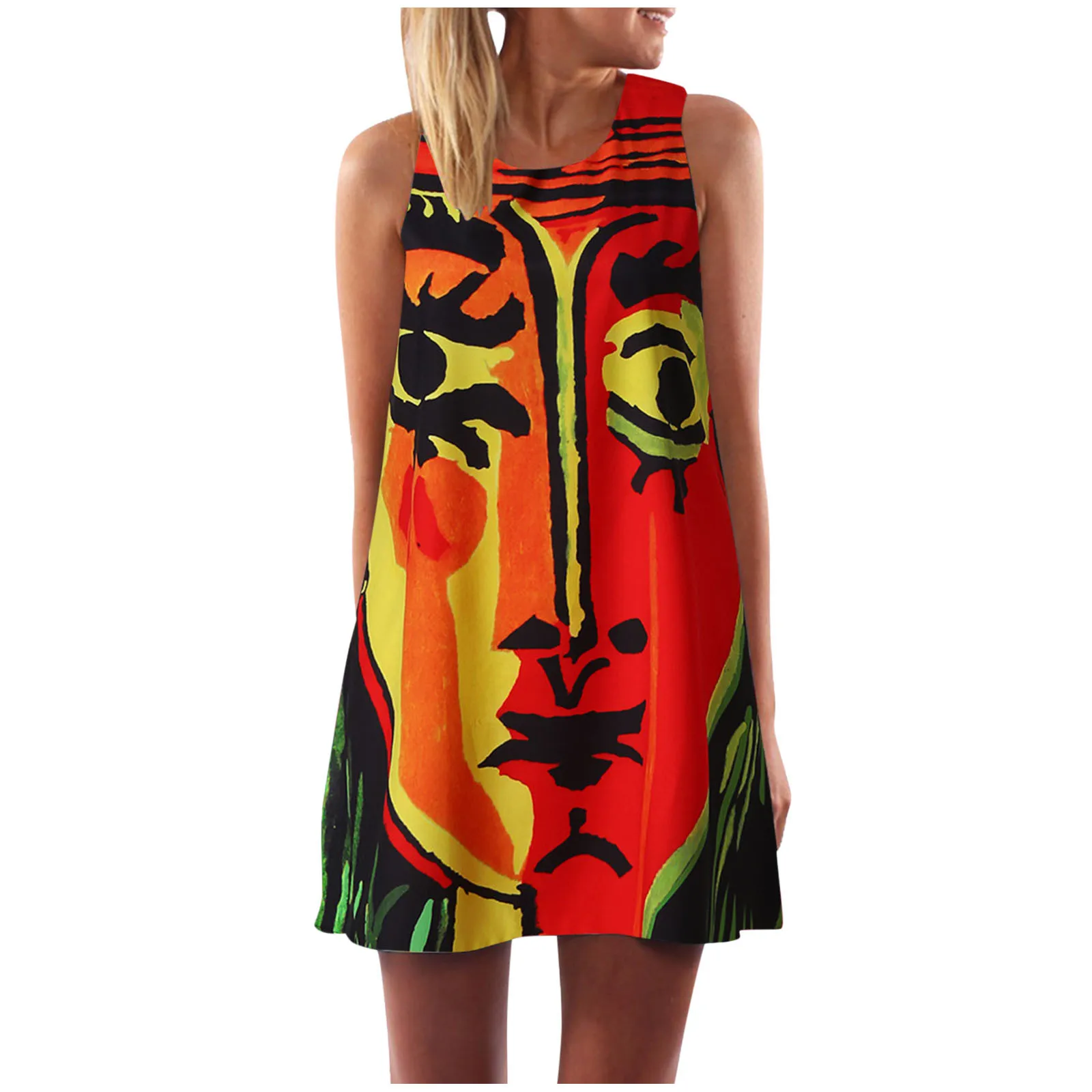 

Dresses For Women 2021 Summer Casual Sleeveless O-neck Fashion Printing Mini Dress Female Loose Beach Dress Traf#35