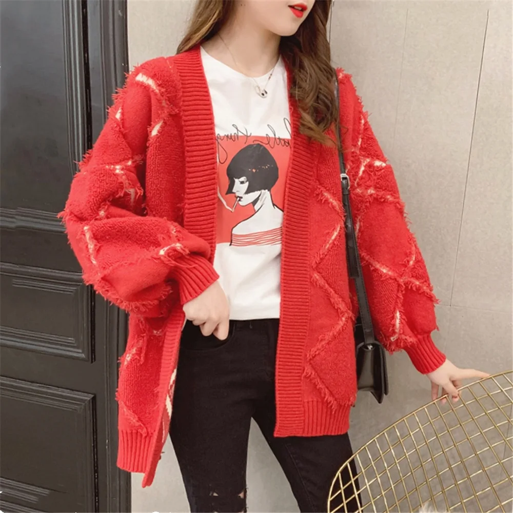 Свободный женский свитер кардиган на весну и осень милый толстый вязаный с