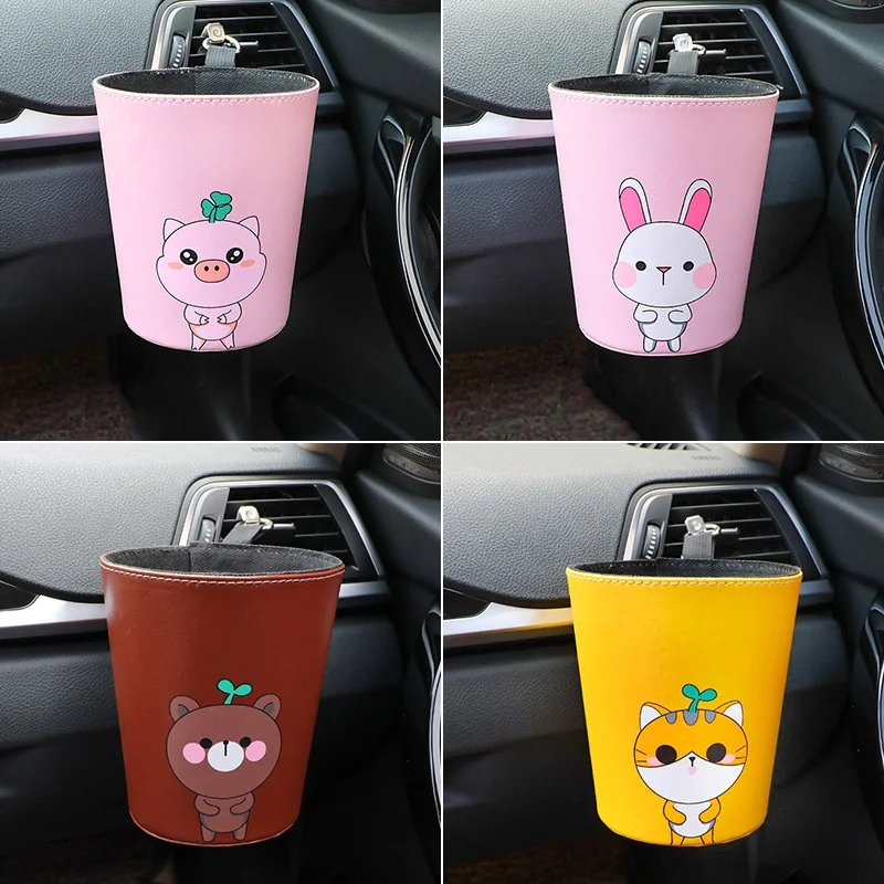 

Автомобильный мультяшный кожаный маленький контейнер для мусора, автомобильный контейнер для мусора, контейнер для мусора с отверстием дл...