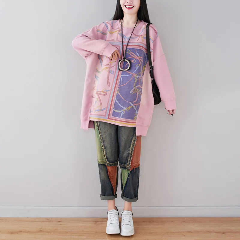 

Retro Vintage Long Sleeve Patchwork Printed sweatshirts Tops oversize korean fashion Women HoodiesT167