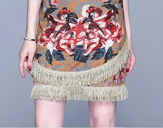 

Women's Summer Runway Sets Short Sleeve Turn-down Collar Shirt + Crown Printed Tassel Skirt Fashion Vintage Two Piece Set