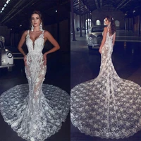 2020 new lace mermaid wedding dresses with 3d floral appliques spaghetti straps bridal gowns backless illusion sexy vestido de n