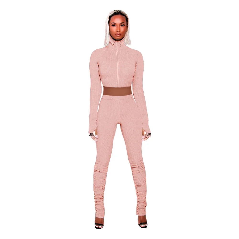 

Women's Set Long Sleeve Zipper Up Crop Tops Stacked Bellbottom Pants Suit Sport Tracksuit Two Piece Set Solid Color Outfits