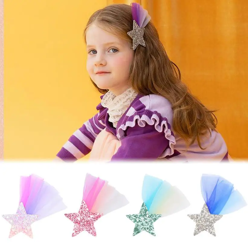 Заколки для волос Детские яркие блестящие со звездами J133 шифоновая заколка