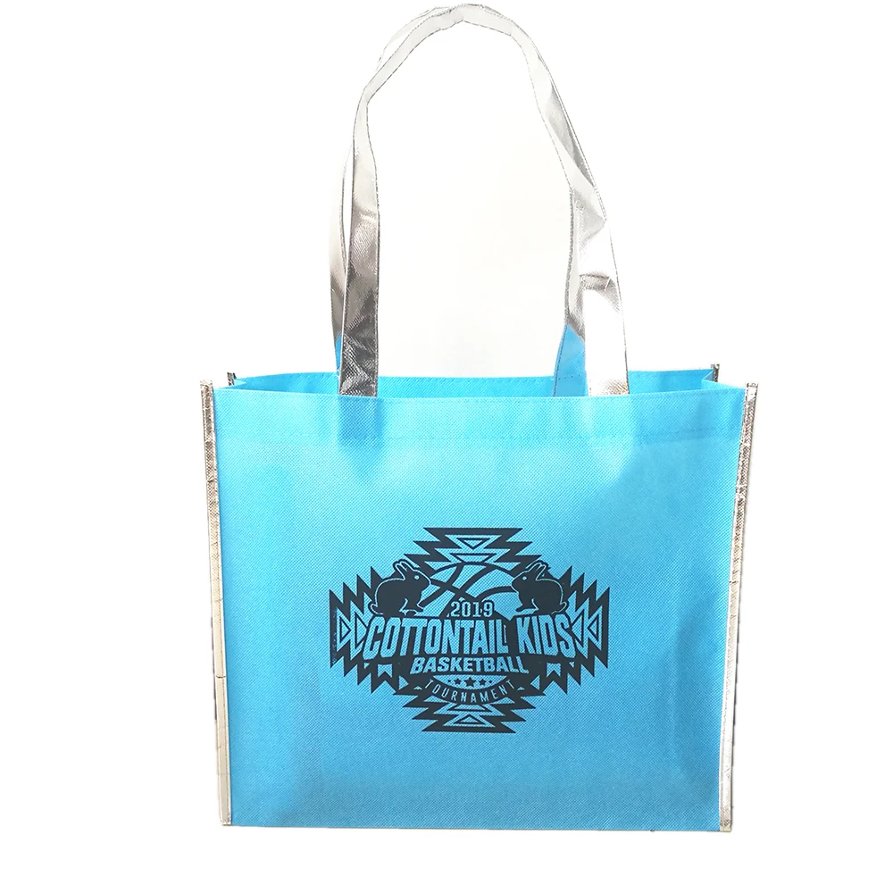 

500 шт./лот, тоут, подарочные пакеты для покупок, многоразовый нетканый материал с индивидуальным принтом, с серебряными металлическими ручками, для вечеринок, для мероприятий