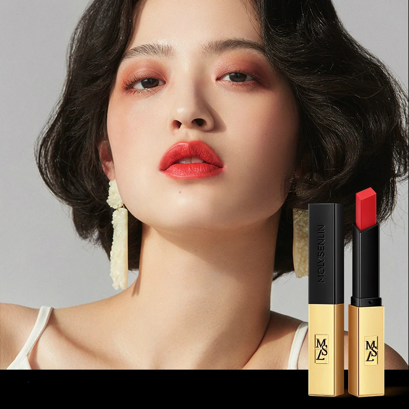 Тонкая трубка Чистая матовая помада маленькая золотая полоса Ретро красный рот