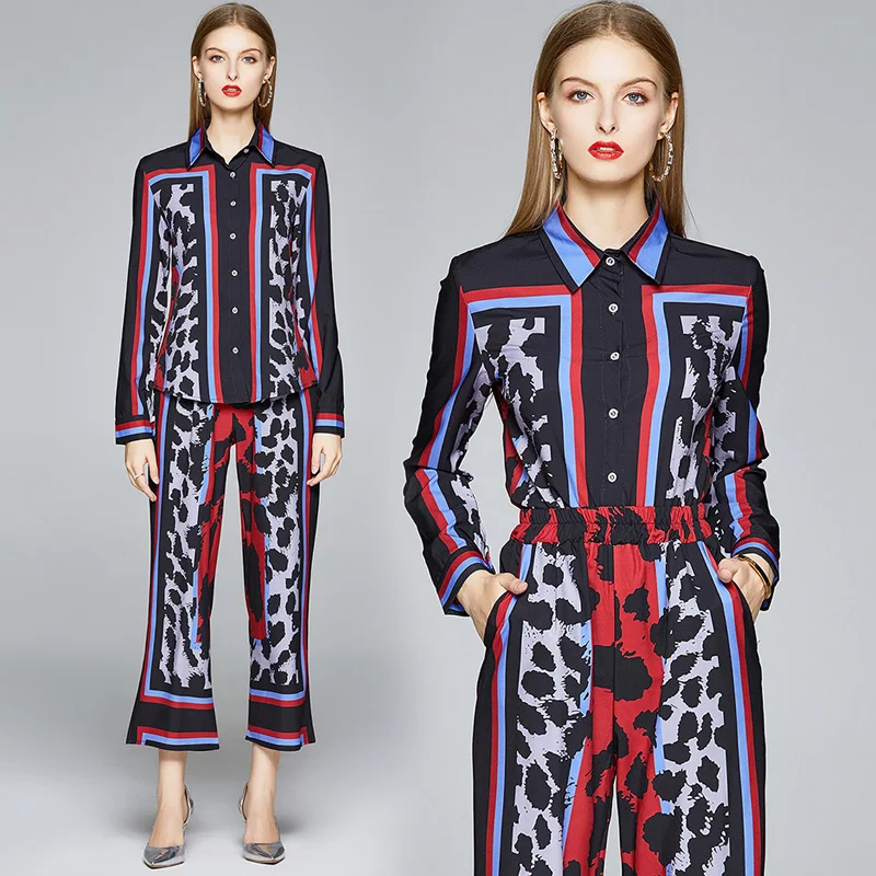 

Europe Fashion Spring Office Lady Two Piece Outfit Elegant Women Runway Set Vintage Print Long Sleeve Shirt and Pants Suit Sets