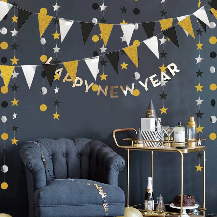

Glitter Golden Black Silver Paper Star Circle Pennant String Garlands Wedding Birthday New Year Graduation Party Banner Supplies