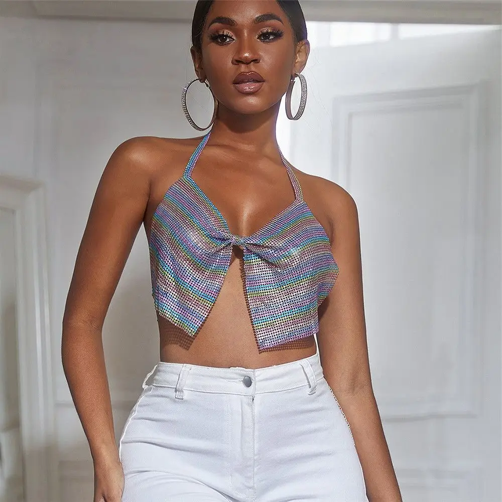 

Блестящий укороченный топ стразы вечерние сексуальный с бретелькой через шею красочная полоса с открытой спиной полностью Алмазный ночной клуб одежда для вечеринки майка для отпуска 2021