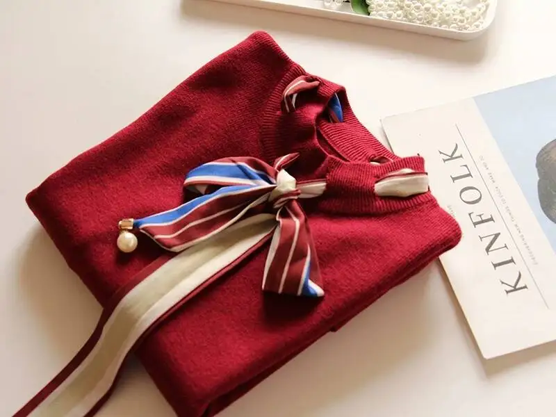 wine red Осенняя трикотажная футболка женский свитер с бантом Футболка Топы - Цвет: wine red