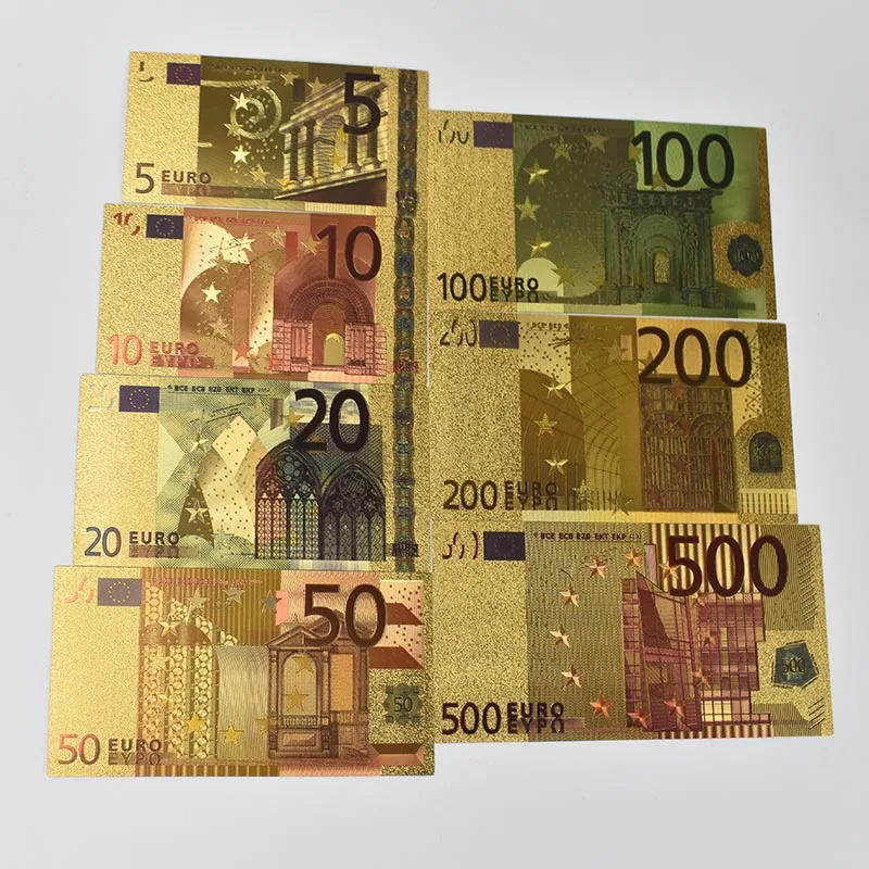 

7 шт./лот золотые банкноты из евро-фольги, золотые банкноты в 24-каратном золоте, поддельные бумажные деньги, евро банкноты, наборы 5 10 20 50 100 200 ...