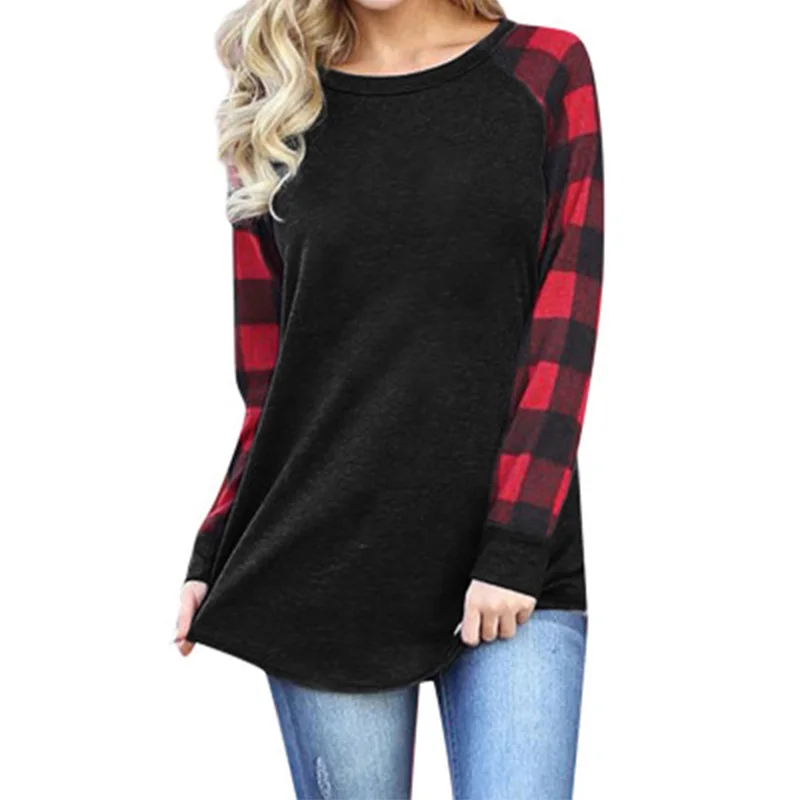 

2021 spring autumn hot sale casual plaid print hit color stitching round neck loose long sleeve women's T-shirt