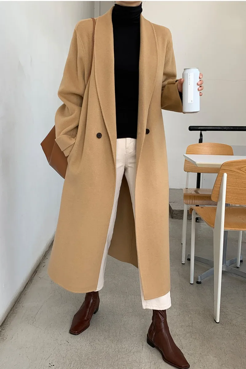 

Korean Chic Womens Elegant Long Wool Coat With Belt Khaki Long Sleeve Brief Outerwear Lady Overcoat Autumn Winter 2020 SA070S50