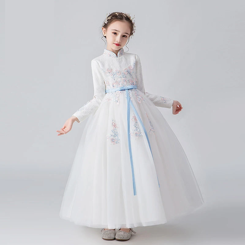 

Lace Embroidery Girl Dresses For Weddings Kids Long Pageant Gowns with Girls First Holy Communion Dresses New Year Dress