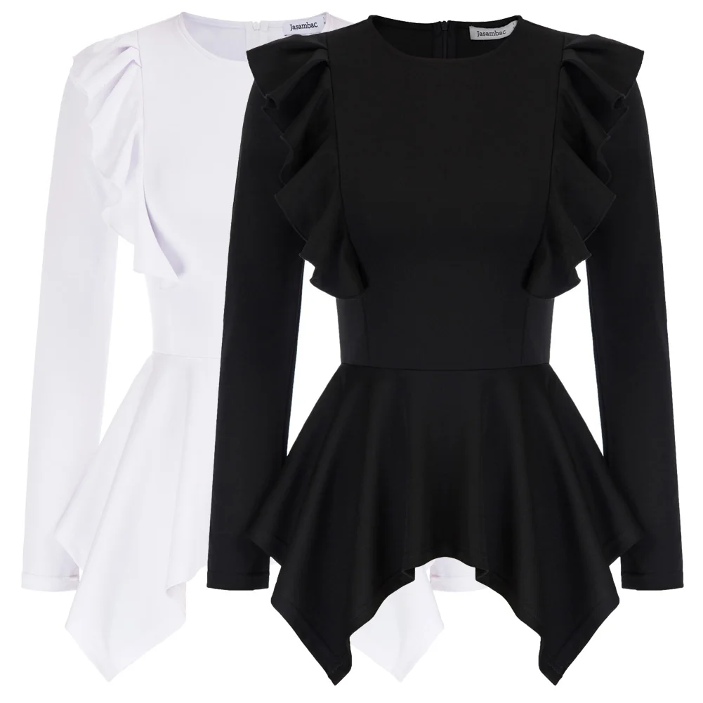 

Blouse Women Peplum Tops Long Sleeve Crew Neck Irregular Hem Ruffled Shirt Pure Color Pleated Sexy Fashion Clothes Spring Fall