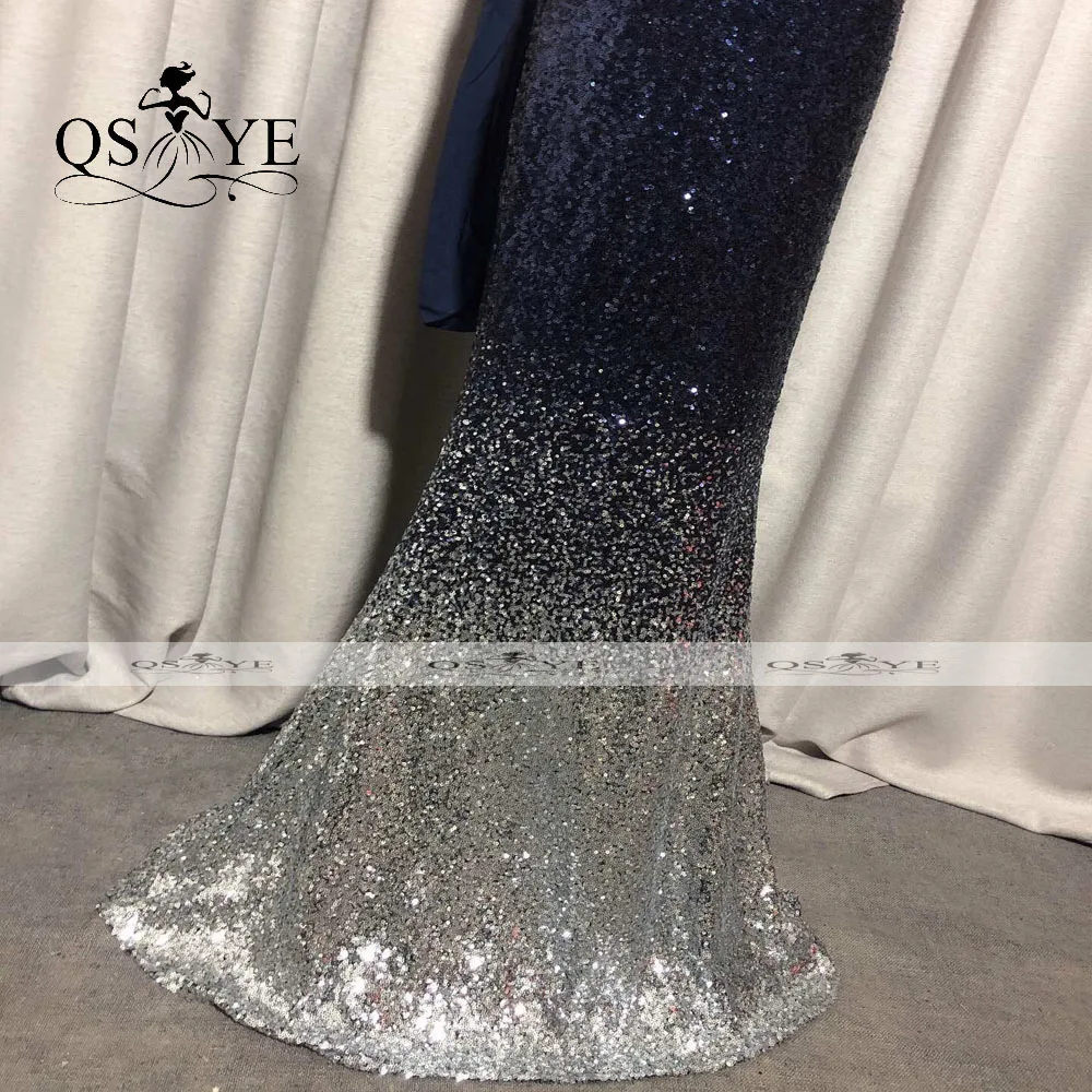 

Navy Evening Dresses New One Shoulder Mermaid Evening Gown Glitter Sexy Fading Silver Party Dress Sequin Formal Dress Ribbon