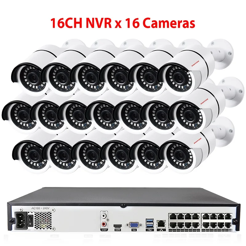 KANTURE 16CH H.265+ 4K 5MP POE NVR комплект 16 шт. аудио 1080P IP66 Антивандальная безопасность уличная IP камера система видеонаблюдения - Цвет: 16CH NVR x 16 Camera