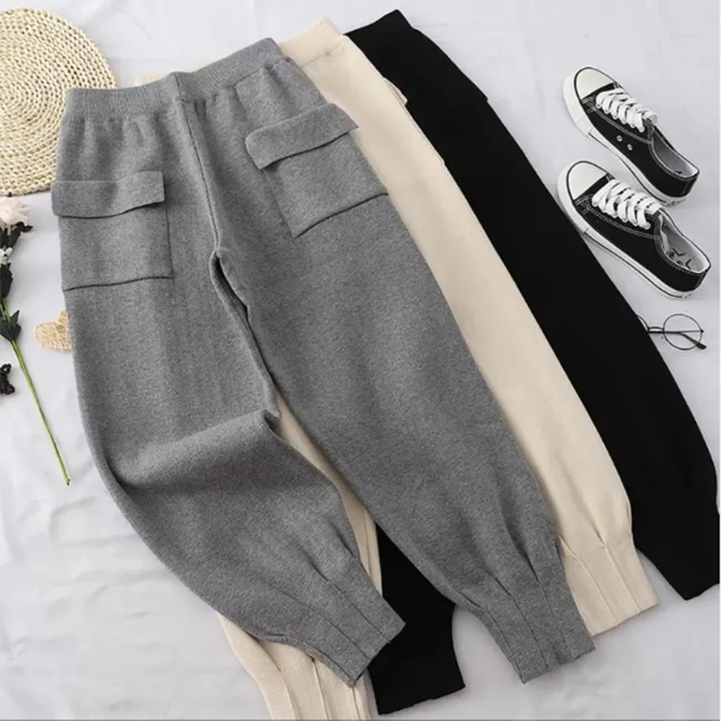 

autumn knitted high waist loose straight pants women casual nine-point Harlan wide leg pants big pocket cargo pants female
