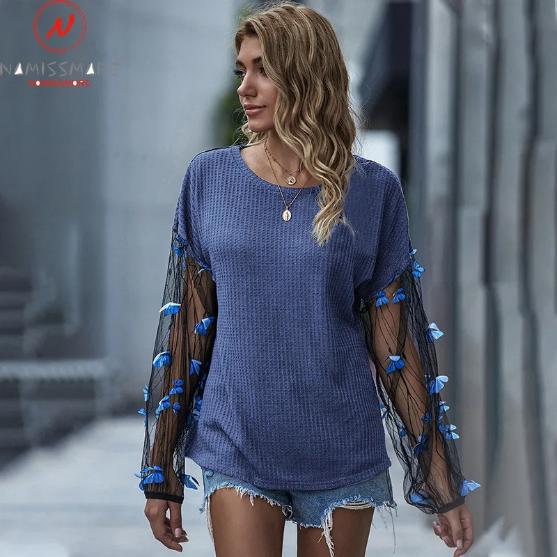 

Fashion Women Spring Autumn Thin Sweaters Lace Decor See Through O-Neck Lantern Sleeve Bow Print Casual Loose Knitted Top