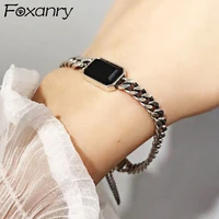 foxanry 925 stamp punk chain bracelet for women new trendy simple rectangular black zircon hiphop party jewelry gifts