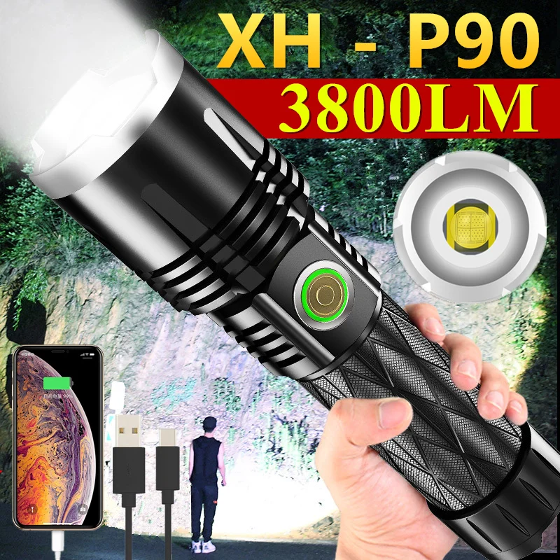

5000mAh XHP90 4-core LED Flashlight Zoom USB Rechargeable Most Powerful CREE XHP70 XHP50 Torch 18650 26650 Handheld Light