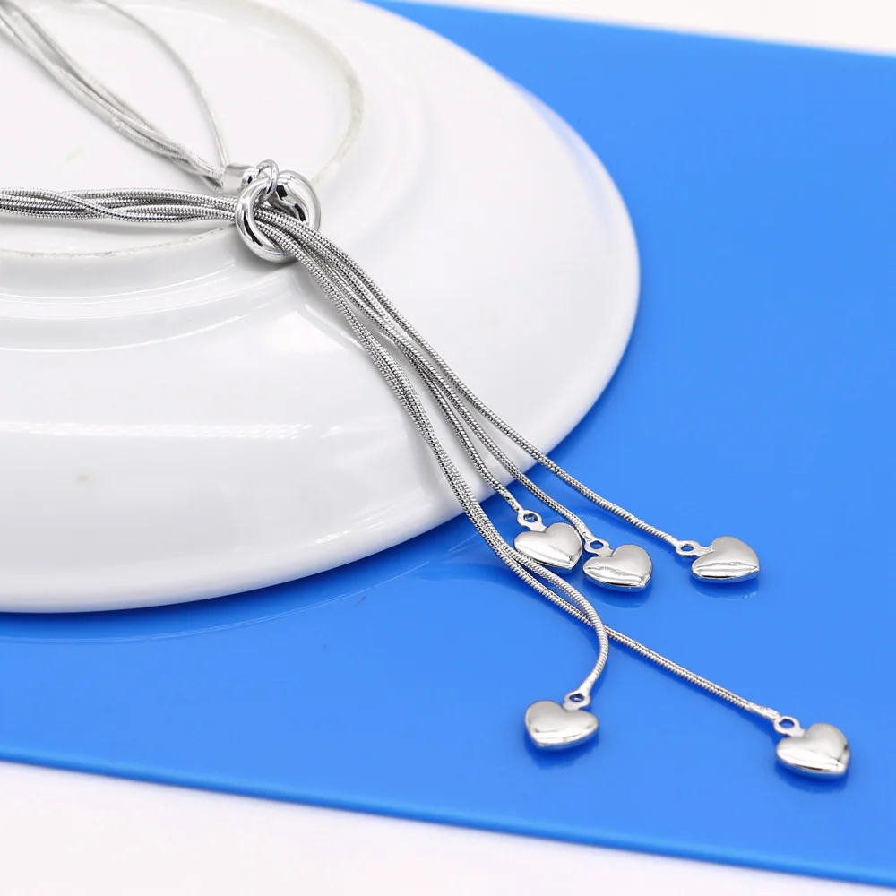 Мода 925 Серебряное ожерелье для женщин с кисточками сердце подвеска цепочка