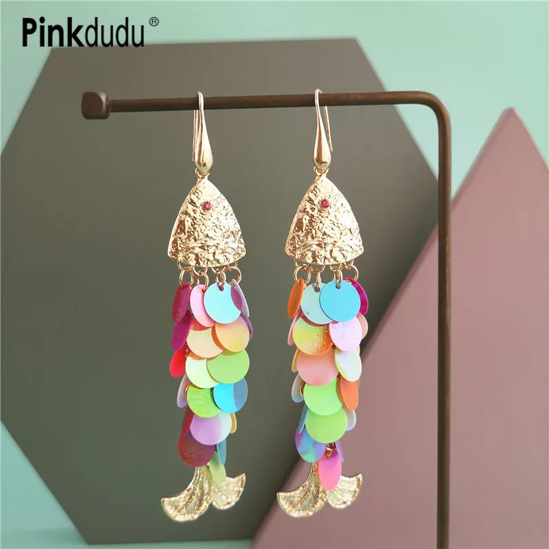Pinkdudu горячие модные красочные блестящие висячие серьги летние пляжные богемные