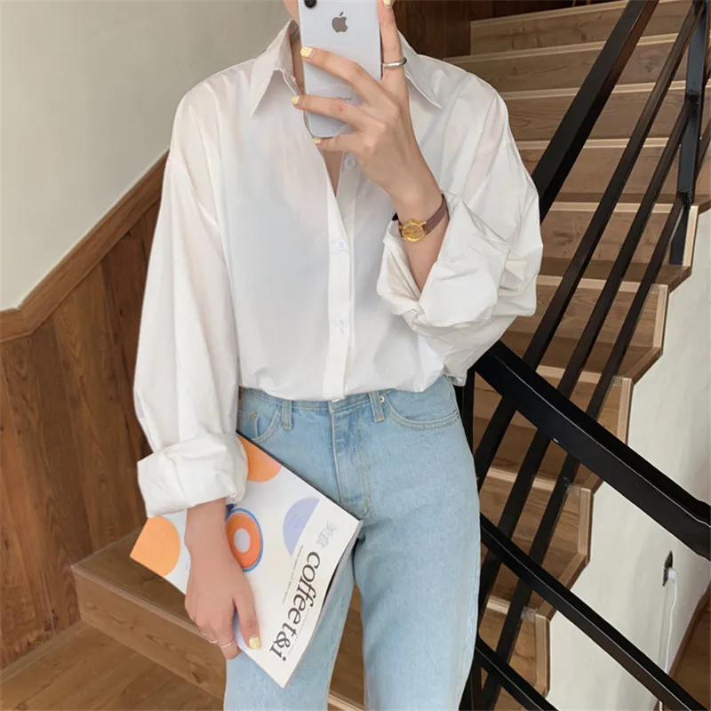 

Oversize Wei Shirts 2021 Neue Chic Herbst Sommer Tops OL Shirt Frauen Mode Halter Langarm Revers Blusen Blusas