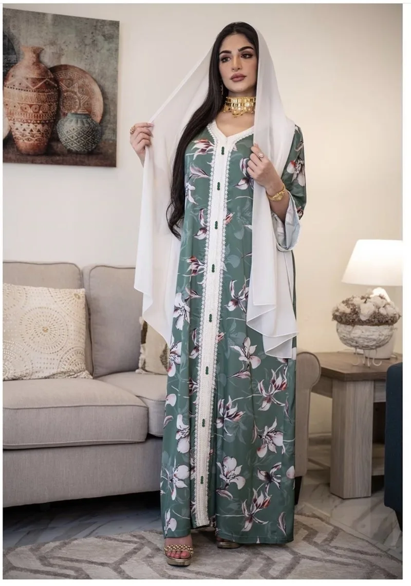 

Ethnic V Neck Ribbon Abaya Dress for Women Fall 2021 Plus Size Full Sleeve Muslim Arabic Turkey Islamic Dubai Clothes