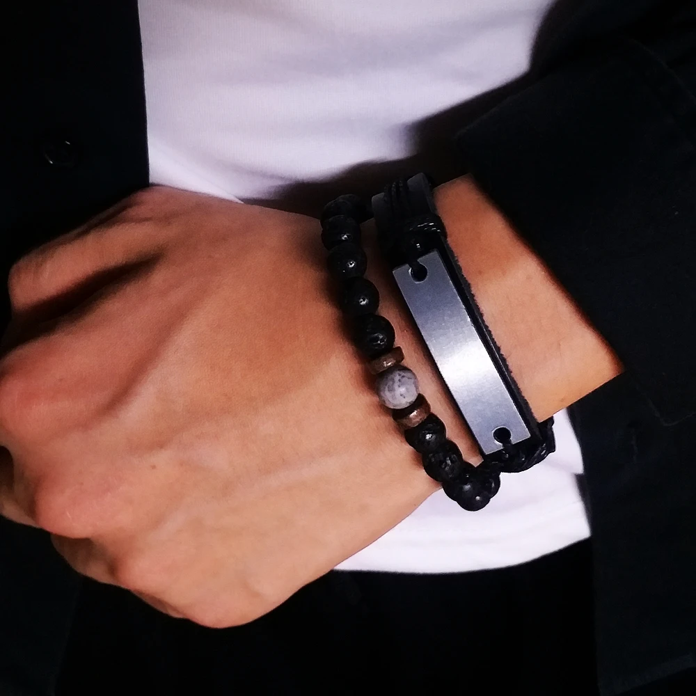 Мужской кожаный браслет из нержавеющей стали браслеты натуральных бусин