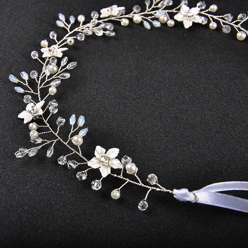 Silver Color Flower Crystal Long Headbands Bridal Wedding Pearl Hair Jewelry Accessories Head Plant Vine Decoration Ornament | Украшения и