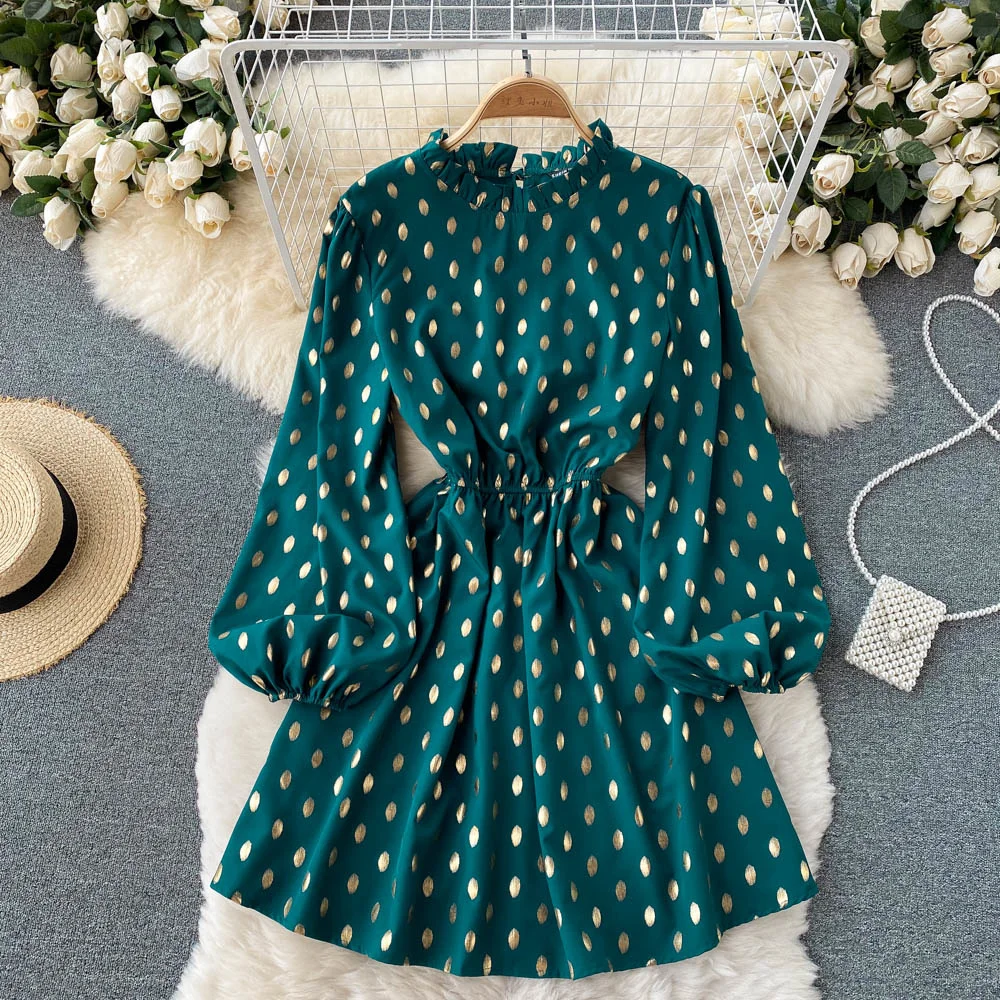 

New Spring Autumn Dot Print Mini Dress Women 2021 Fashion O-neck Long Sleeve Elastic Waist A-line Casual Female Dress Robe Femme
