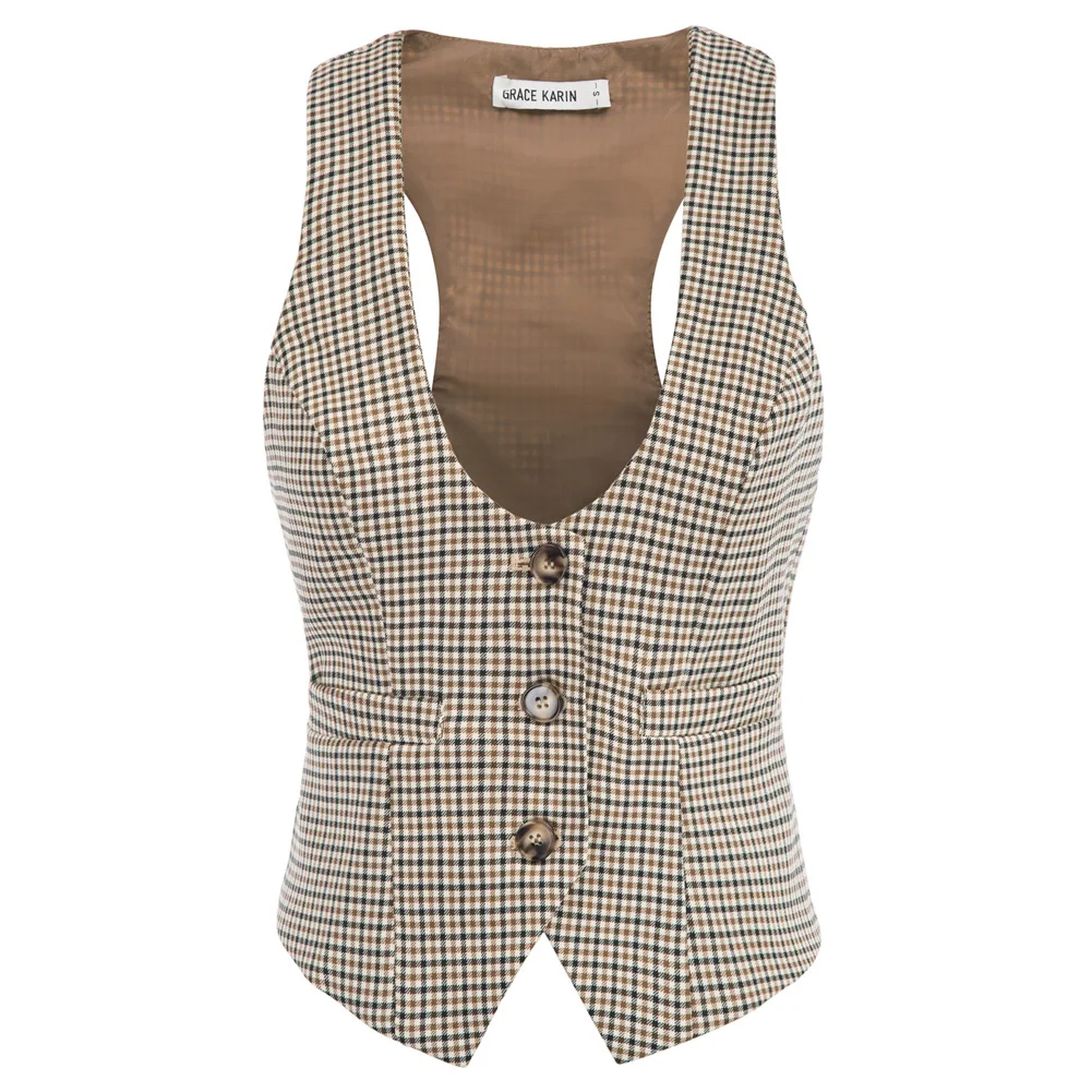 

GK Women Stylish Vintage Vest V-Neck Handkerchief Hem Plaided Waistcoat Back Waist With Strap Back waist with strap adjust
