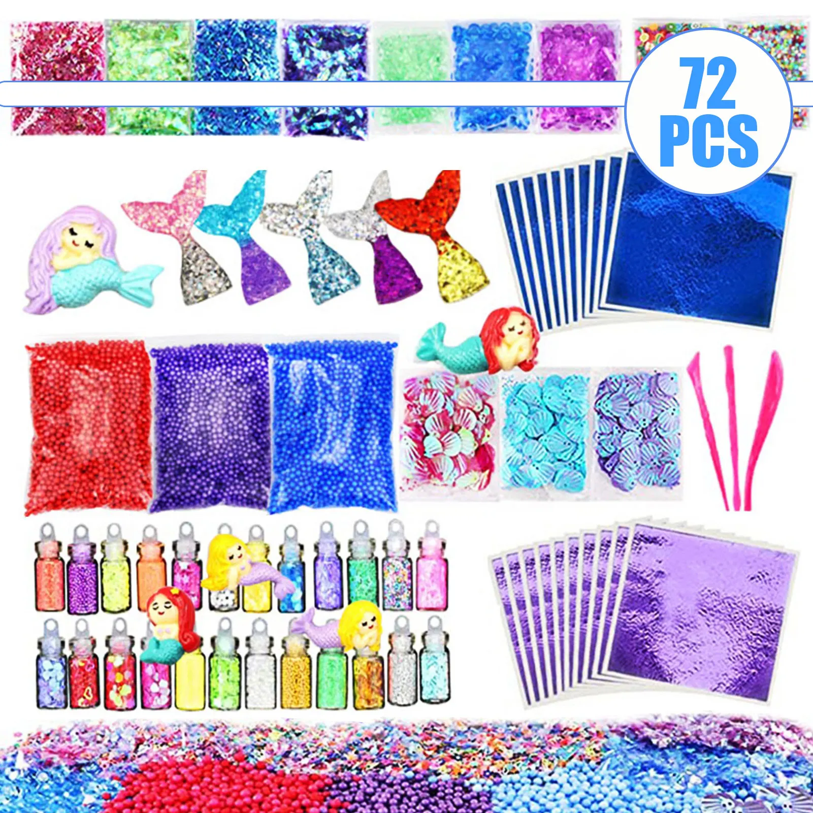 

72PCS Slime Kit Mermaid Slime Charms Glitter Jars Supplies Kit mermaid tail glitter sheet jar candy paper