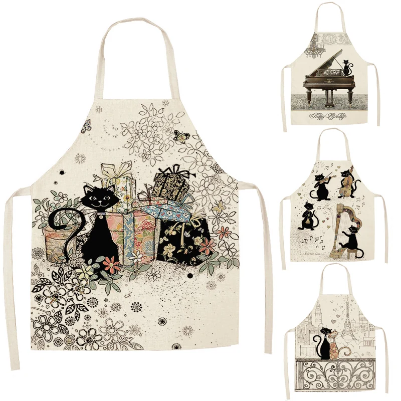 

1 Pcs Cute Cat Pattern Kitchen Apron for Women Cotton Linen Bibs Household Cleaning Pinafore Home Cooking Aprons