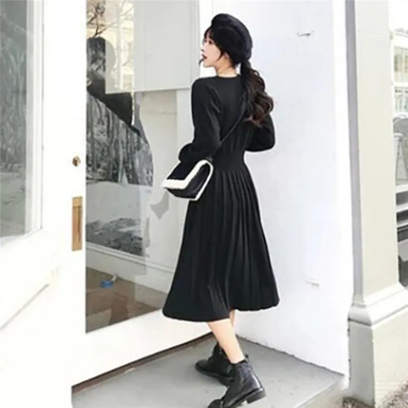 

Korean Retro Fashion Dress Knitted High Waist Pleated Casual Autumn New O Neck All Match Solid Color Long Sleeved Ladies Dress