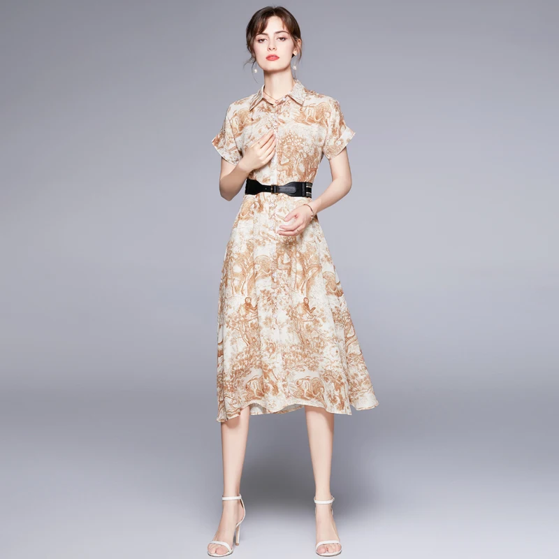 

Summer Runway Fashion Midi Party Dress Lady Turn Down Collar Vintage Print Belted Mid Calf Length Dress k5120
