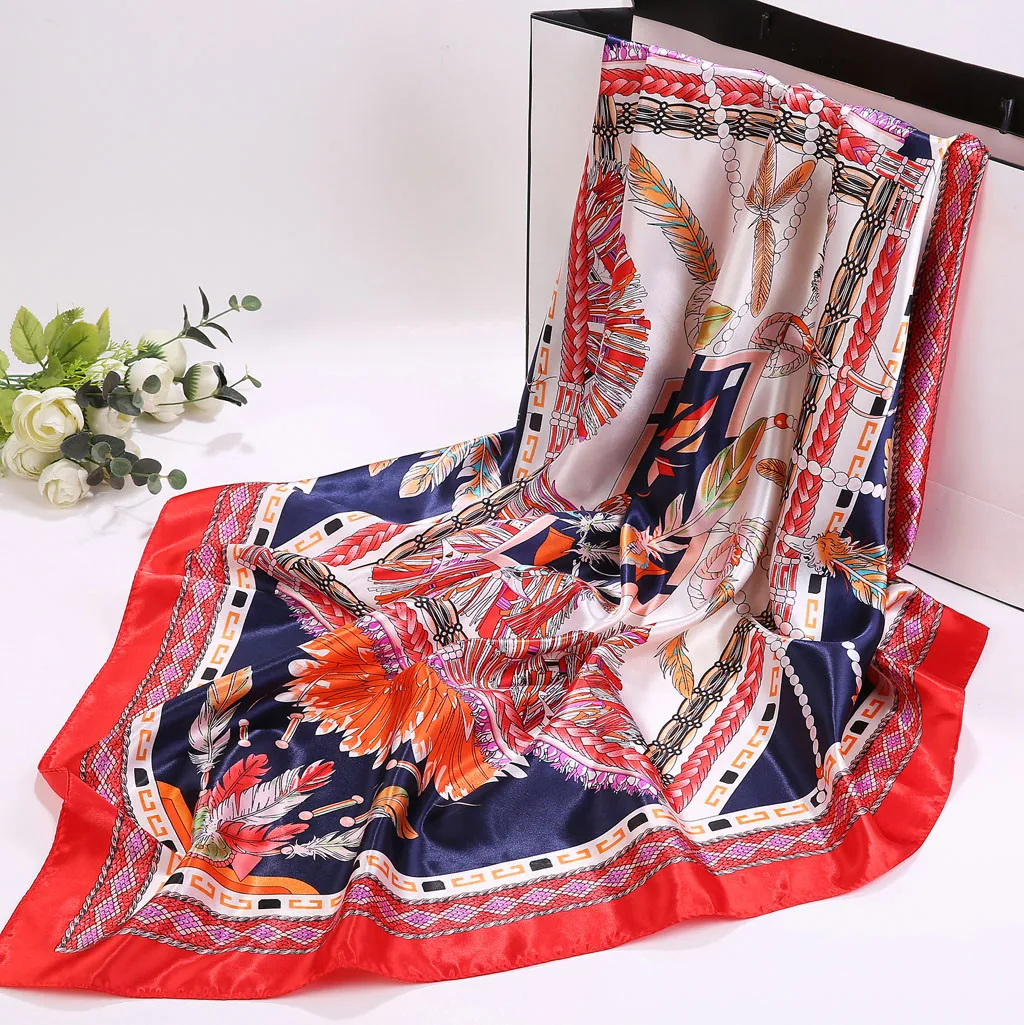 Шелковые шарфы для женщин с принтом перьев атласные хиджаб квадратной головкой