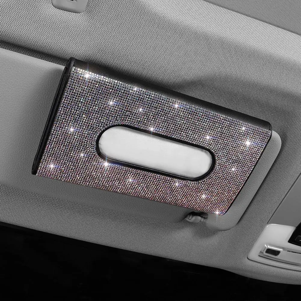 

Car Sun Visor Tissue Box Holder Bling Crystals Cover Case Clip Pu Leather Backseat Tissue Case Simple Beautiful Car Accessories
