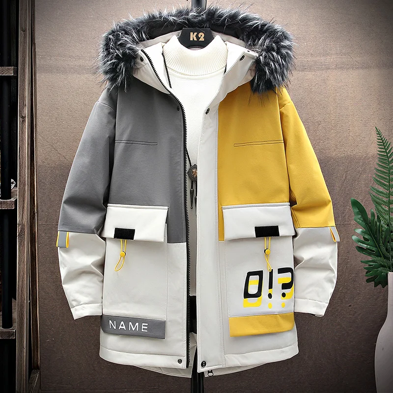 New 2022 Winter Men's Parkas Thicken Cotton Padded Hooded Jackets With Removed Fur Collar Streetwear Warm Coat Tops Windbreaker