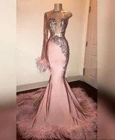 glitter sequin long sleeve mermaid pink black girl prom dress with feathers train one shoulder african formal prom gowns vestido