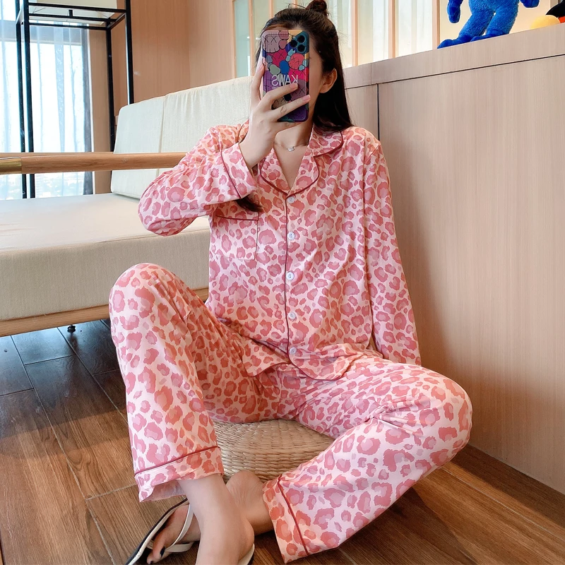 

Pijama Femenino De Manga Larga Con Conjunto PantalonesPijama De MangaDe Estampado De Leopardo Rosa, Larga Para Mujer,