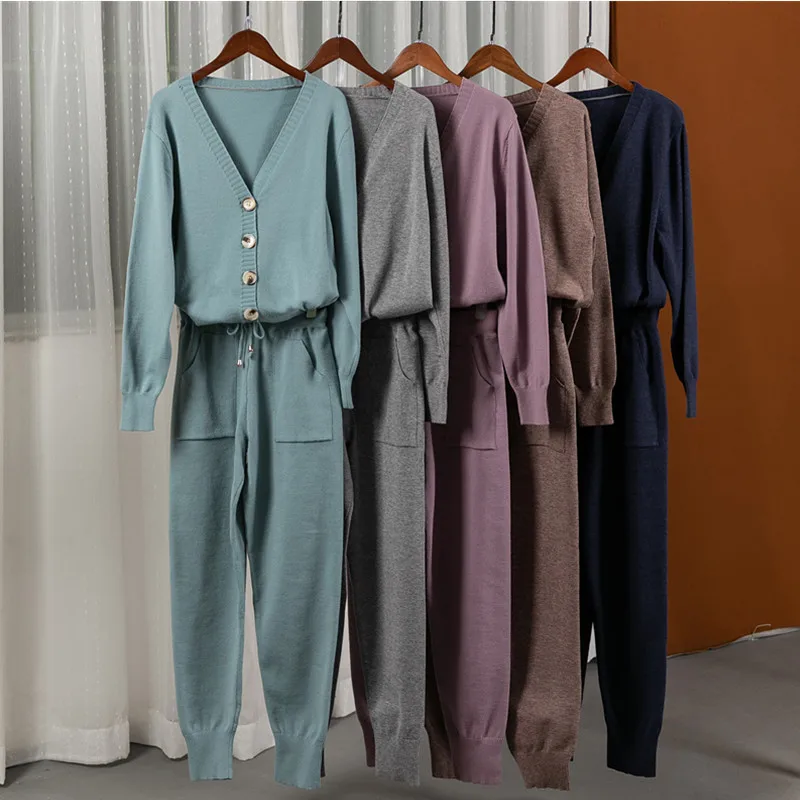 

Women sweater sets suits 2020 fashion customes V neck cardigans + long Pants Track Suits for Autumn Winter Woman Knitted suit