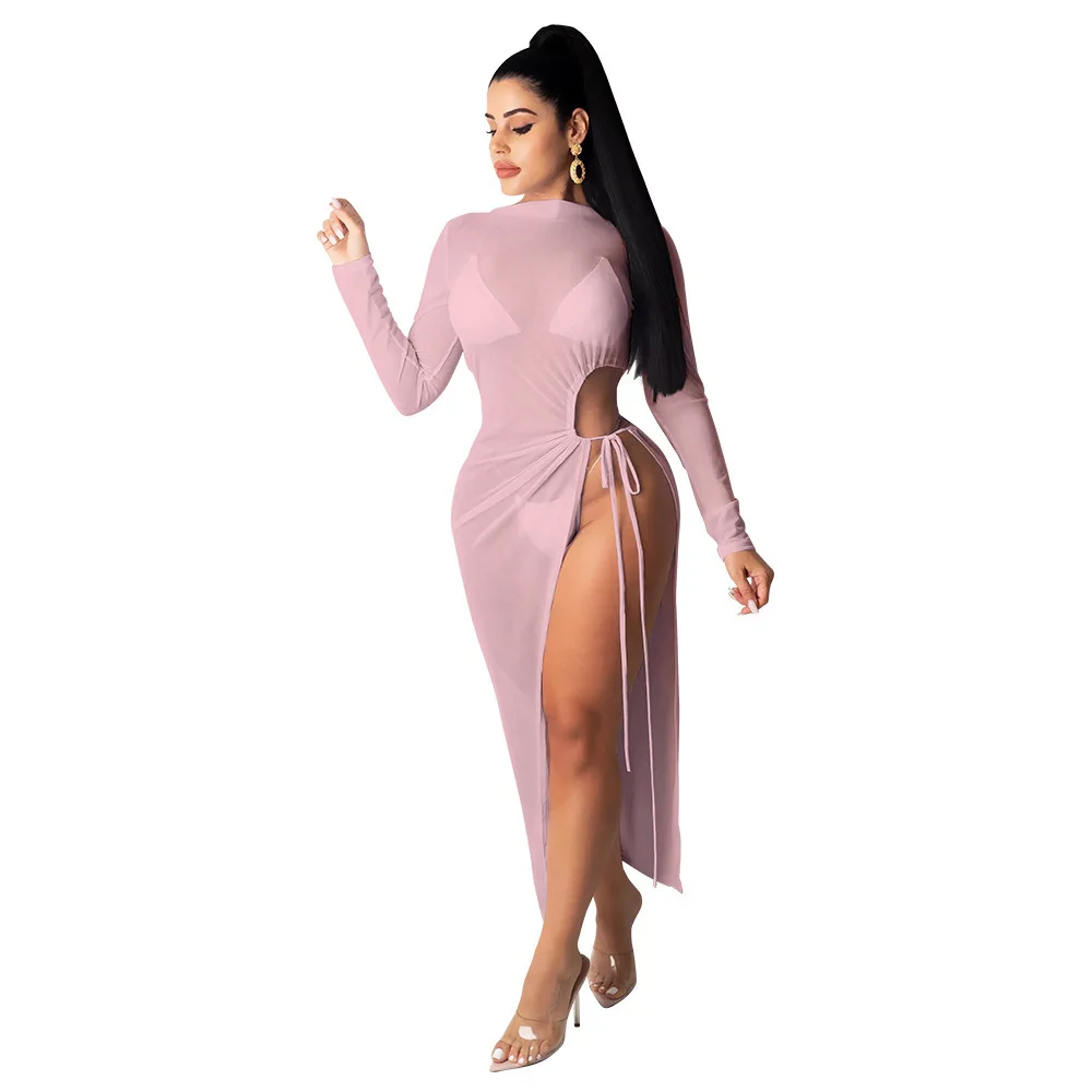 

Sheer Mesh Perspective Women Party Maxi Dress Ruched Drawstring Full Sleeve Beach Wear Dresses Elegant Side High Split Vestidos