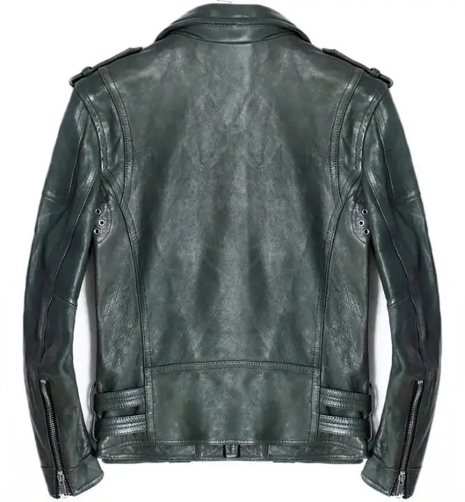 Мужская куртка из натуральной овечьей кожи Повседневная Зеленая мотоциклетная